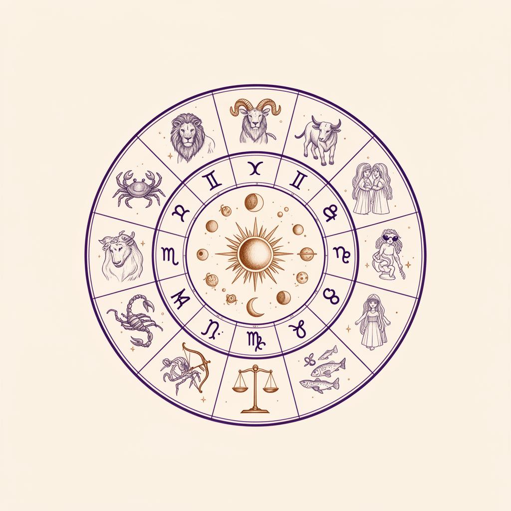 Stylised editorial zodiac wheel illustration